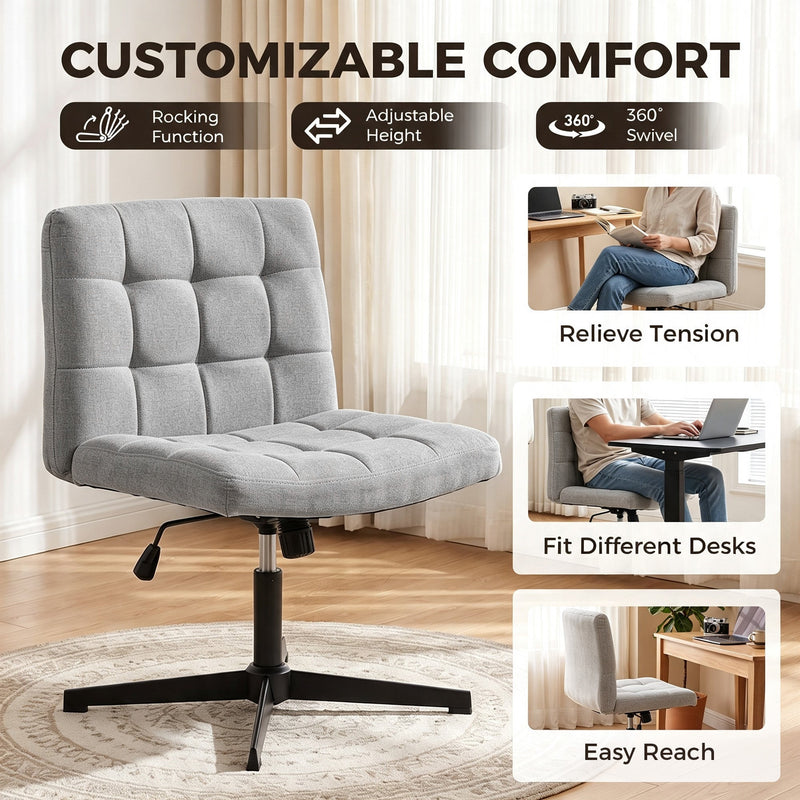 Collage showing the chair's rocking function, adjustable height and 360-degree swivel in use
