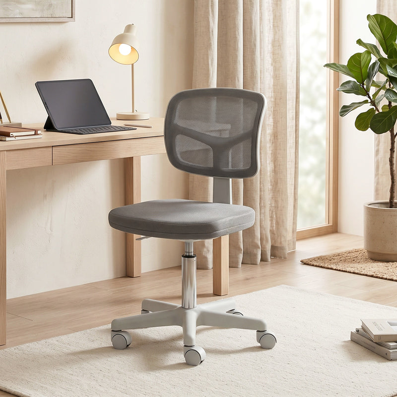 Armless mesh office chair wheel and base close-up