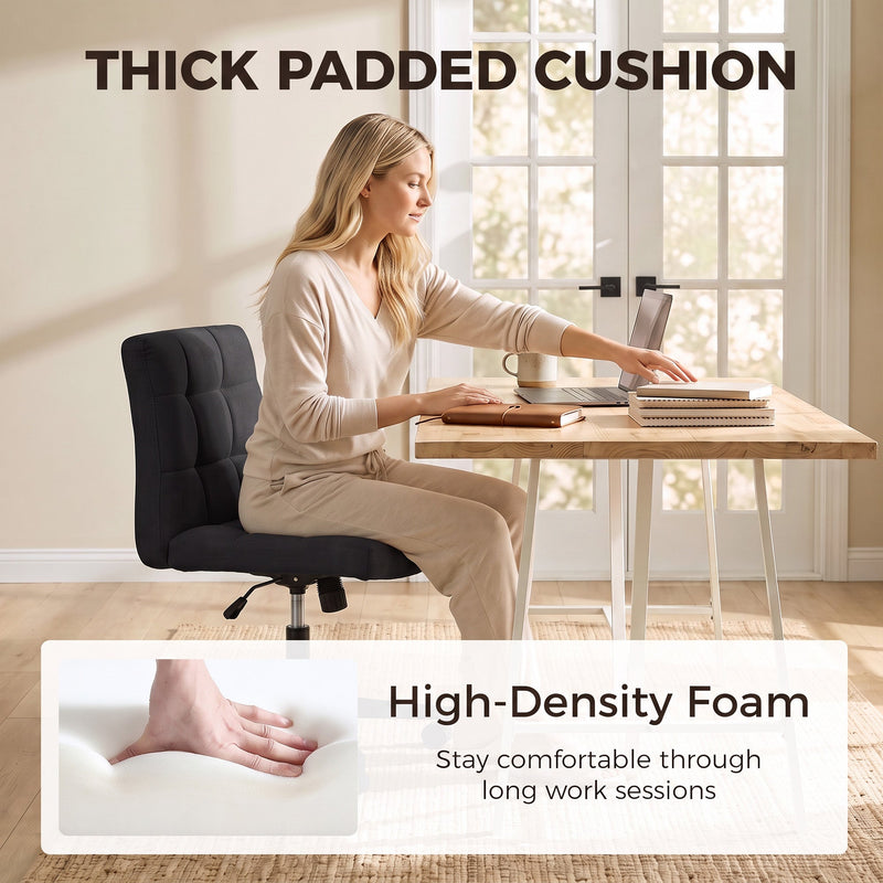 Close-up of the high-density foam seat cushion with woman working at a desk