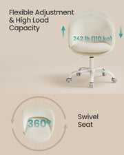 Height adjustment and 360 degree swivel shown with a 110 kg load capacity