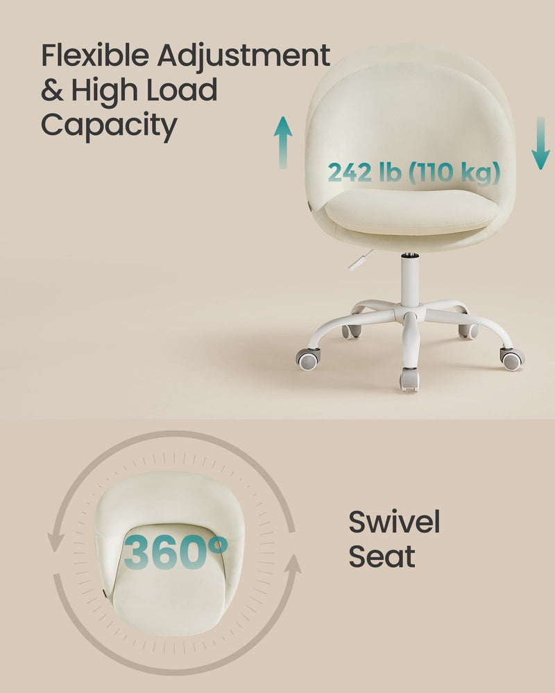Height adjustment and 360 degree swivel shown with a 110 kg load capacity