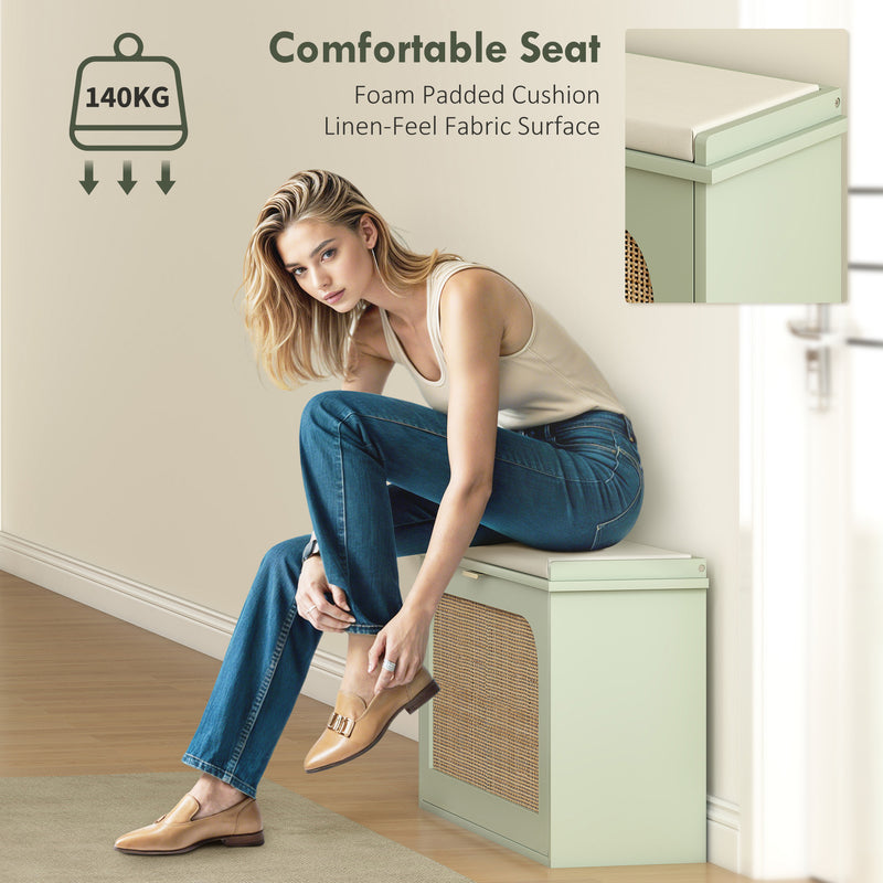 Boho Shoe Storage Bench With Cushion Seat And Flip Drawer For Hallway Light Green