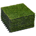Stack of Outsunny artificial grass tiles showing thick green pile and black interlocking base