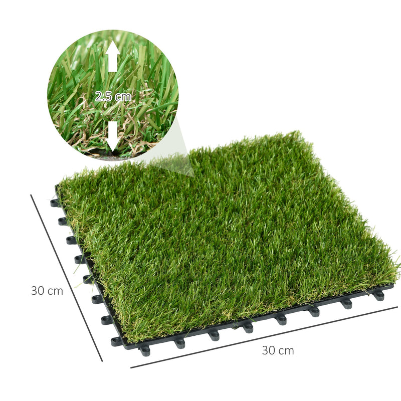 Dimension diagram showing each artificial grass tile measures 30 x 30cm with a 25mm pile
