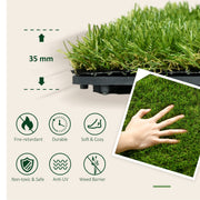 Side view of the grass tile pile height with fire-retardant, durable and anti-UV feature icons