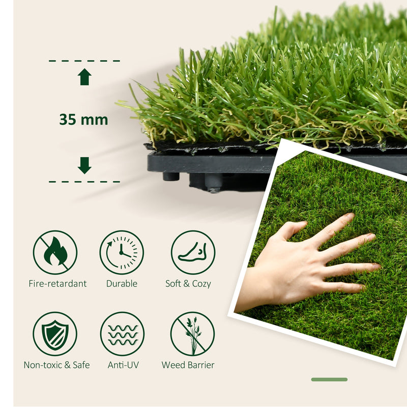 Side view of the grass tile pile height with fire-retardant, durable and anti-UV feature icons