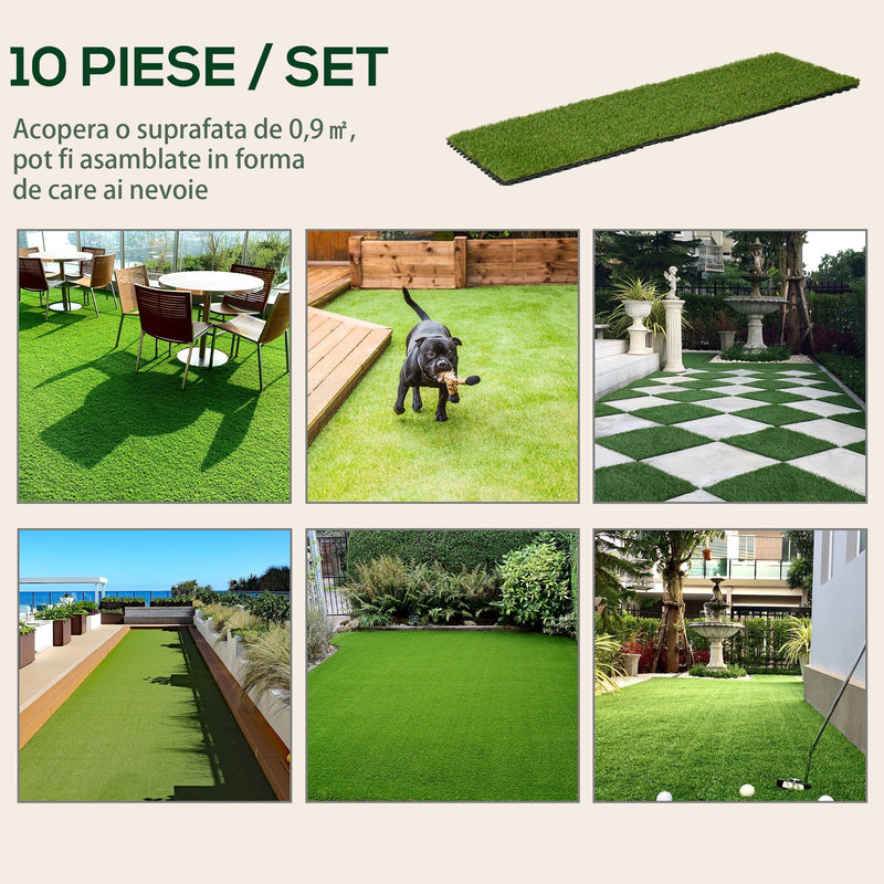 Lifestyle collage showing the grass tiles used on a patio, balcony and around a pool