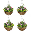 Set of 4 artificial hanging flower pots in pink by Outsunny with wicker baskets