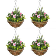 Set of 4 artificial hanging flower pots in pink by Outsunny with wicker baskets