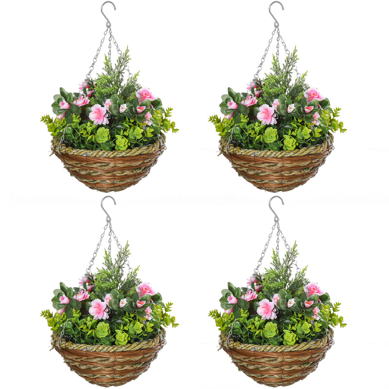 Set of 4 artificial hanging flower pots in pink by Outsunny with wicker baskets