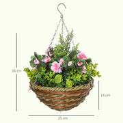 Artificial hanging flower pot close-up of wicker basket and hook
