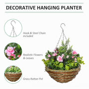 Artificial hanging flower pot shown hanging on a garden fence
