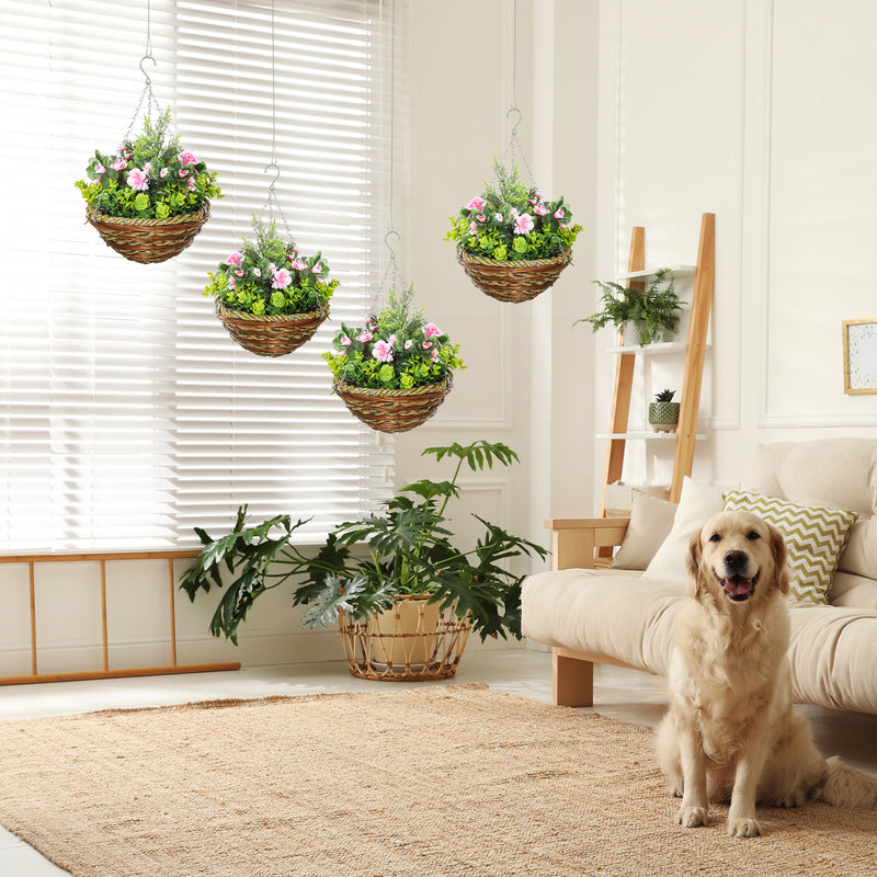 Set of 4 artificial hanging flower pots displayed together