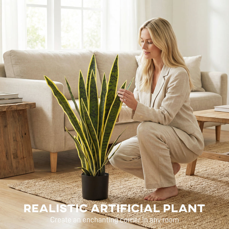 Woman arranging the artificial snake plant in a living room