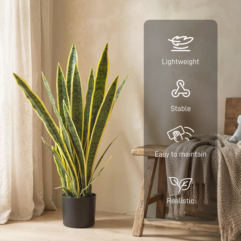 Artificial snake plant in a living room with lightweight, stable and easy-care icons