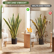 Lush artificial snake plant compared with a wilted real plant
