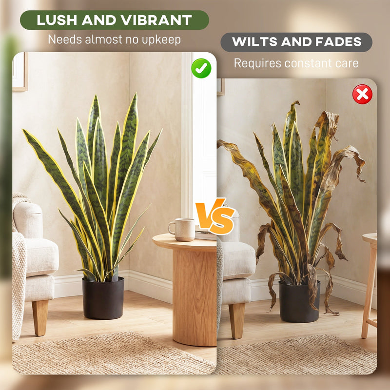 Lush artificial snake plant compared with a wilted real plant