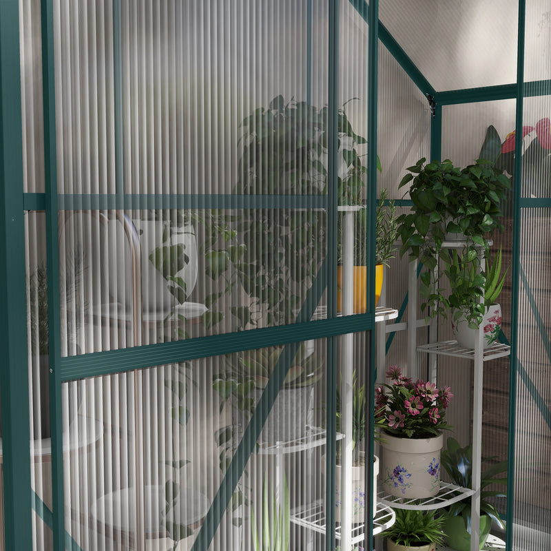 Walk In Polycarbonate Greenhouse With Sliding Door Rain Gutter And Base Frame Green