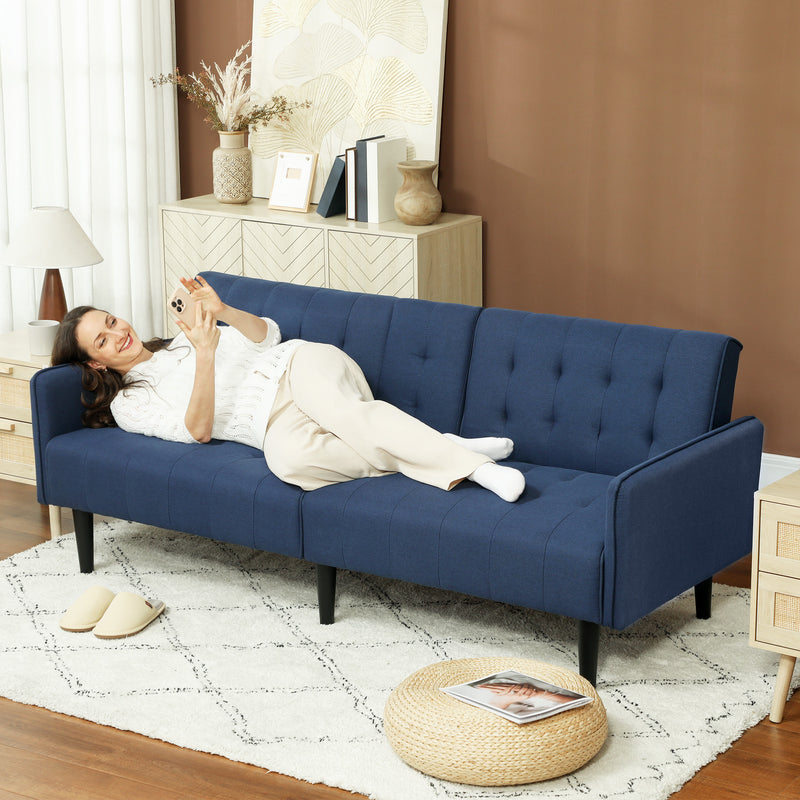 Dark Blue 3 Seater Linen Feel Sofa Bed with Storage and Cupholders by HOMCOM