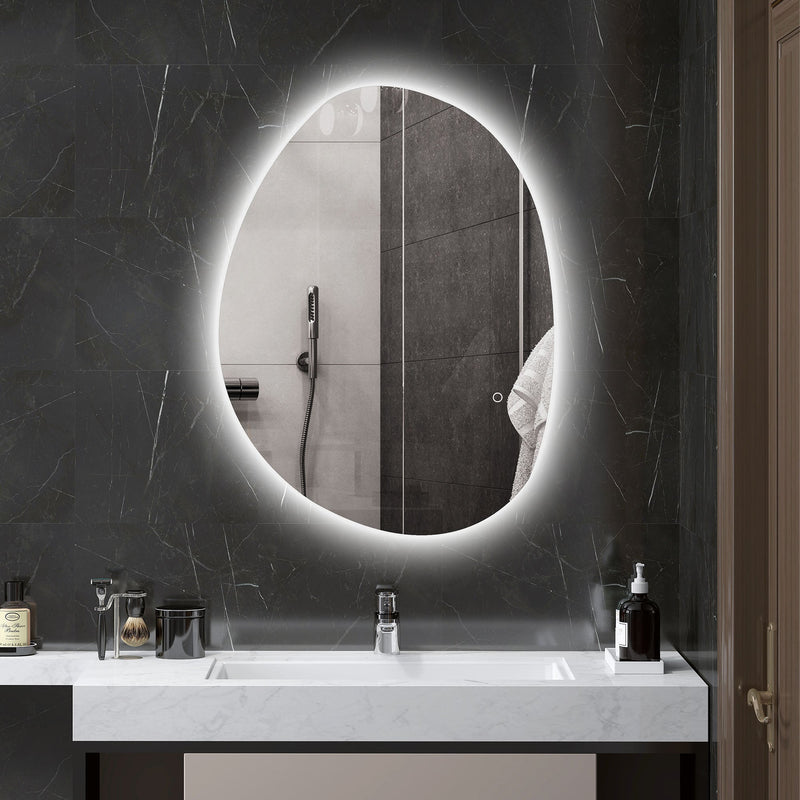Asymmetric LED bathroom mirror, 80 x 60 cm: backlit above a basin in a dark marble bathroom