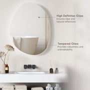 Asymmetric LED bathroom mirror, 80 x 60 cm: close-up callouts of high definition tempered glass