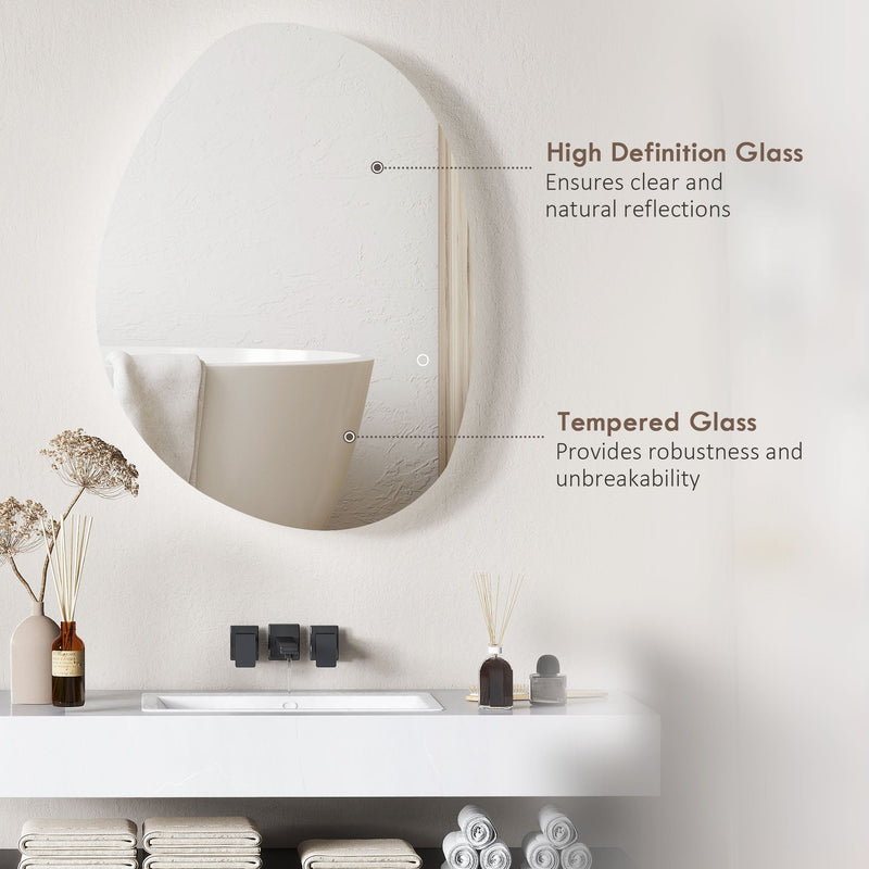 Asymmetric LED bathroom mirror, 80 x 60 cm: close-up callouts of high definition tempered glass
