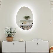 Asymmetric LED bathroom mirror, 80 x 60 cm: above a white sideboard with plants and books