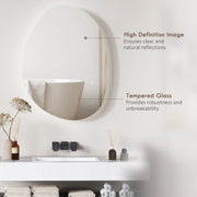 Asymmetric LED bathroom mirror, 70 x 50 cm: close-up callouts of high definition tempered glass