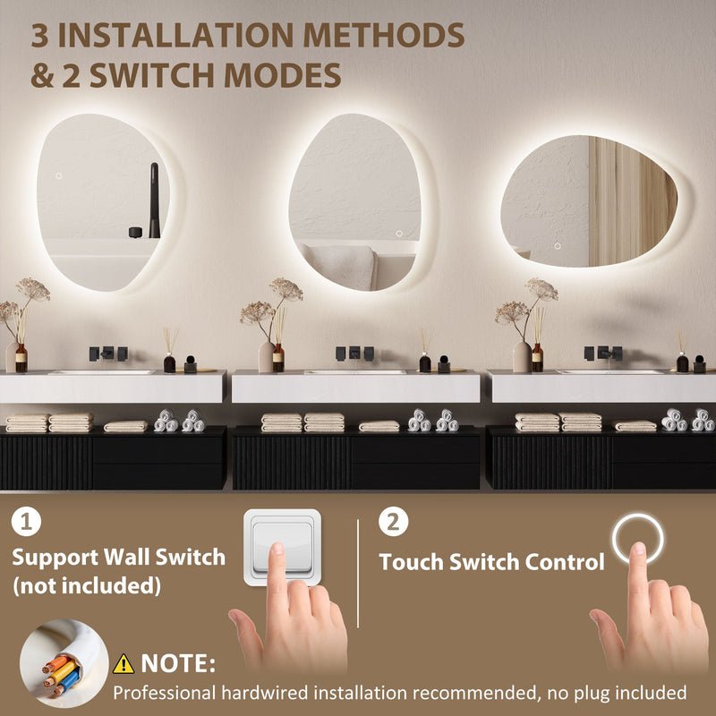 Asymmetric LED bathroom mirror, 70 x 50 cm: three mounting positions and touch switch control