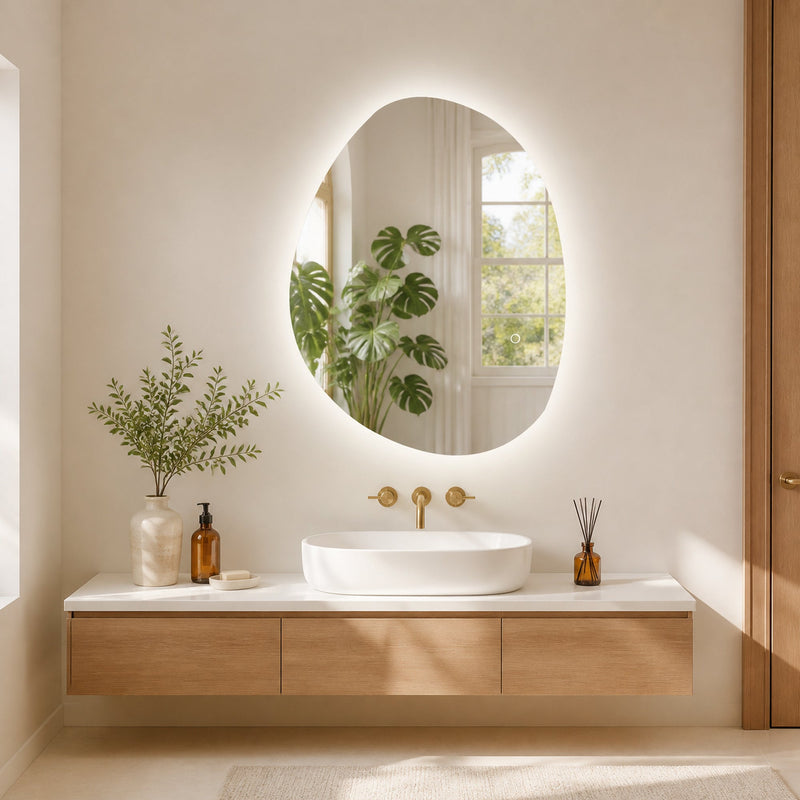 Asymmetric LED bathroom mirror, 70 x 50 cm: illuminated above a vessel basin in a bright bathroom
