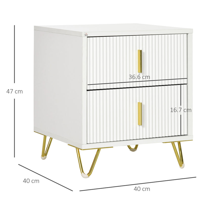 Set of 2 Two Drawer Bedside Chests with Ample Storage for Bedroom White and Gold