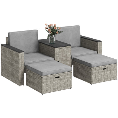 5 Piece Rattan Garden Furniture Set with Footstools Cushions and Storage Table Grey by Outsunny