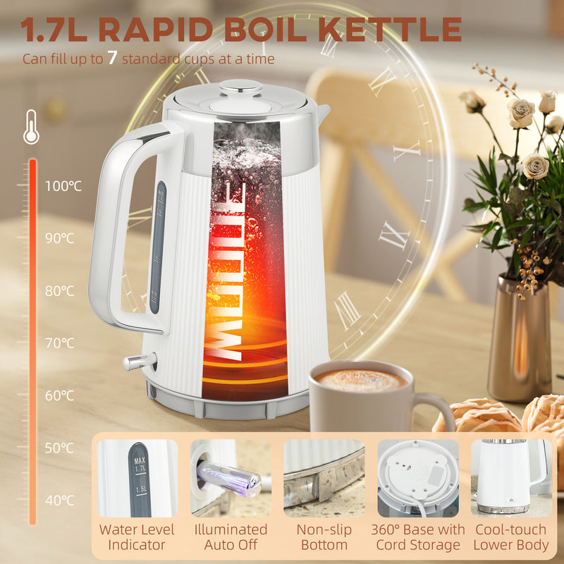 Electric Kettle and 4 Slice Toaster Set with Rapid Boil and Browning Control, White