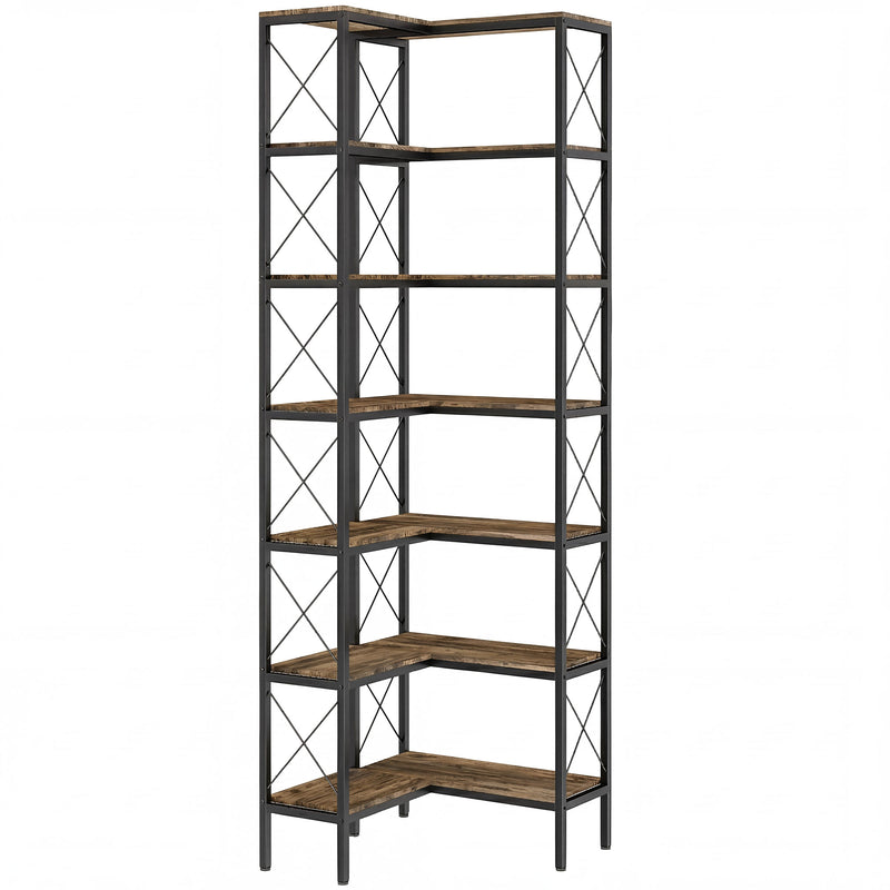 Corner Bookcase with 6 Shelves for Space Saving Storage in Small Rooms Rustic Brown