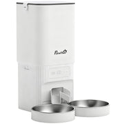 White 7L automatic cat feeder with two stainless steel bowls on a white background