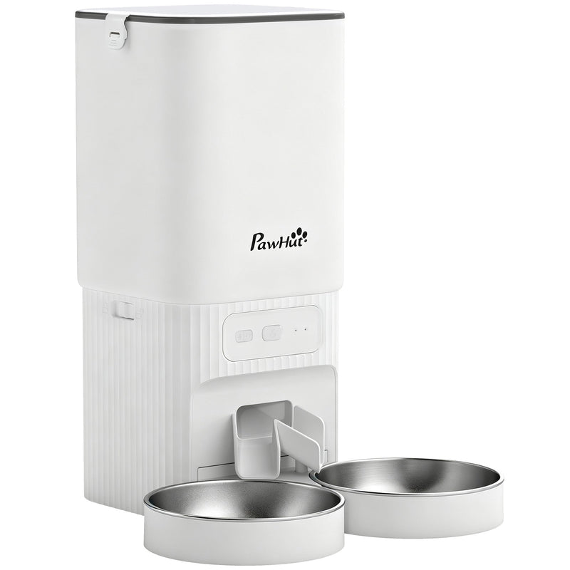White 7L automatic cat feeder with two stainless steel bowls on a white background