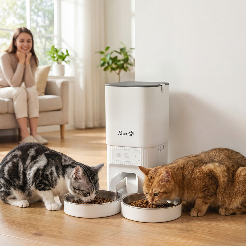Woman smiling at two cats eating from the automatic cat feeder bowls