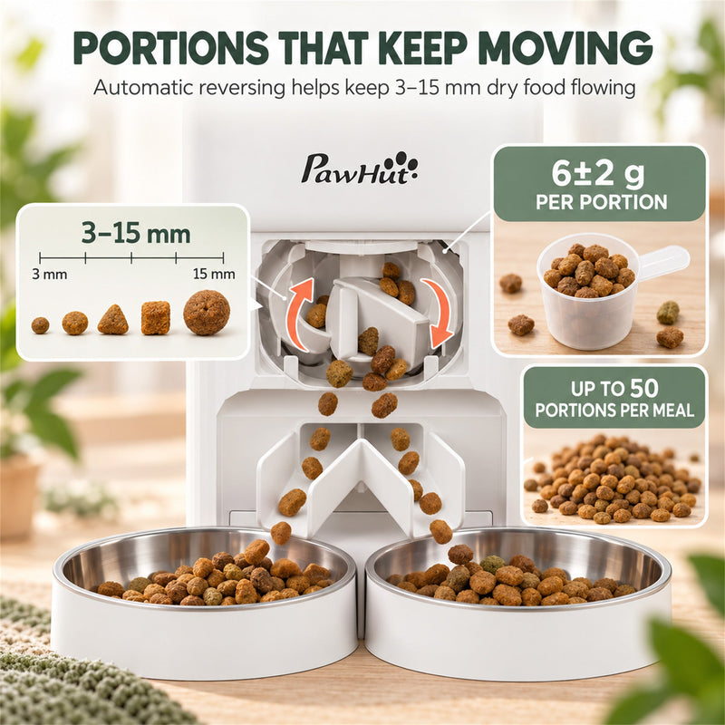 Portion control panel showing 3-15 mm kibble, 6 g portions and up to 50 portions per meal