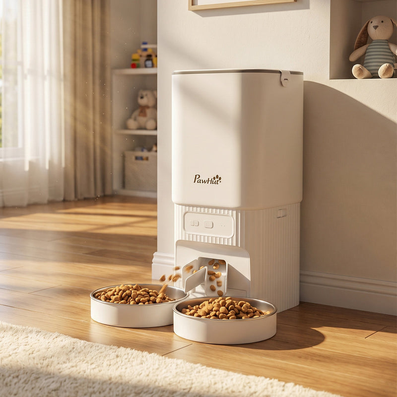 Cat feeder with both bowls filled with kibble in a sunlit living room