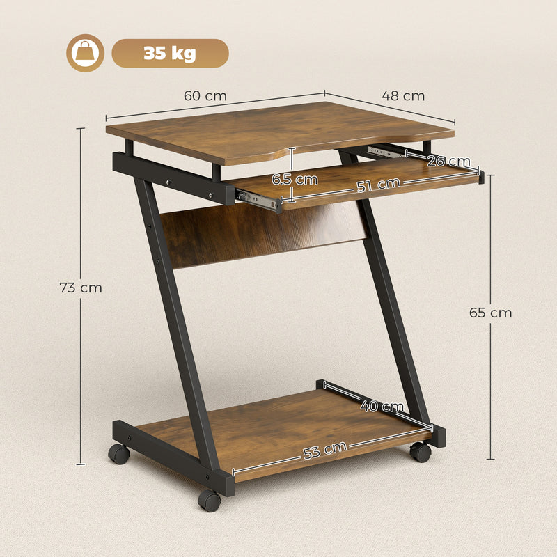 Compact Rolling Desk with Keyboard Tray and Storage Shelf for Small Spaces Rustic Brown