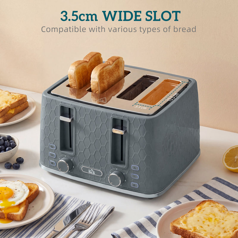 4 Slice Toaster and 17L Fast Boil Kettle Set With Adjustable Heat Settings Grey