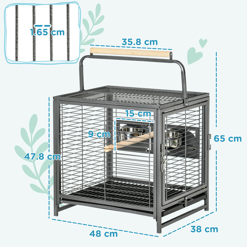 Portable Parrot Travel Cage with Metal Handle Ideal for Trips and Vet Visits, Grey