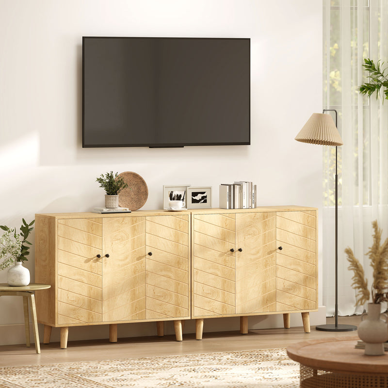 Sideboard Cabinet For Living Room - Vintage Chevron Pattern - Pine Legs - Natural Wood Effect Homcom