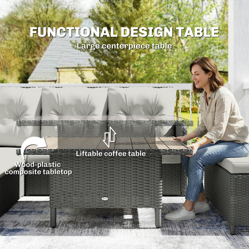 6-Piece Rattan Garden Furniture Set with Height-Adjustable Coffee Table, Dark Grey & Cream Outsunny