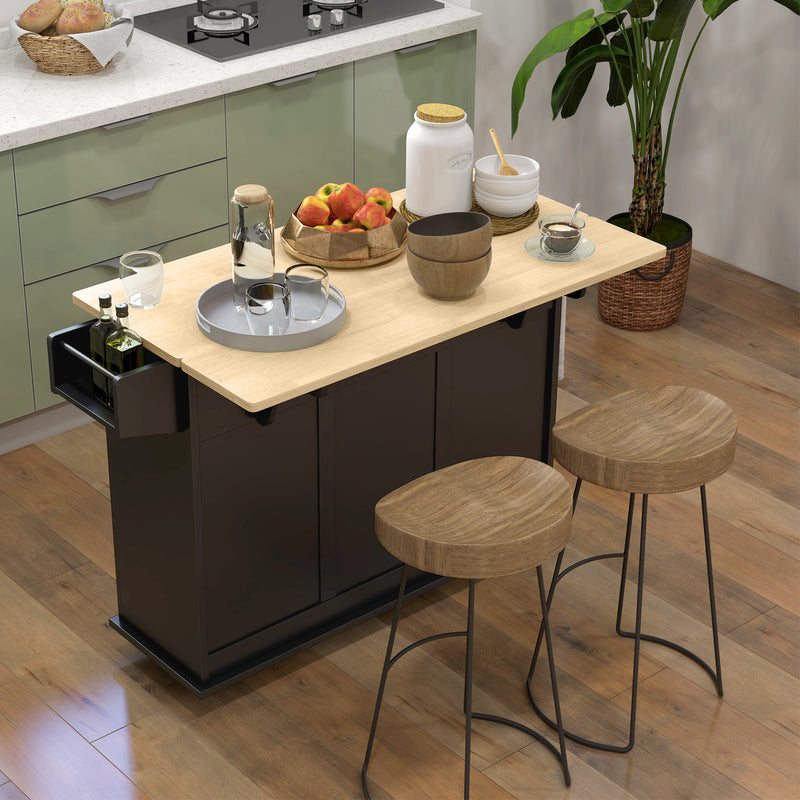 Kitchen Island with Drop-Leaf Tabletop and Storage Drawers for Extra Prep Space Black