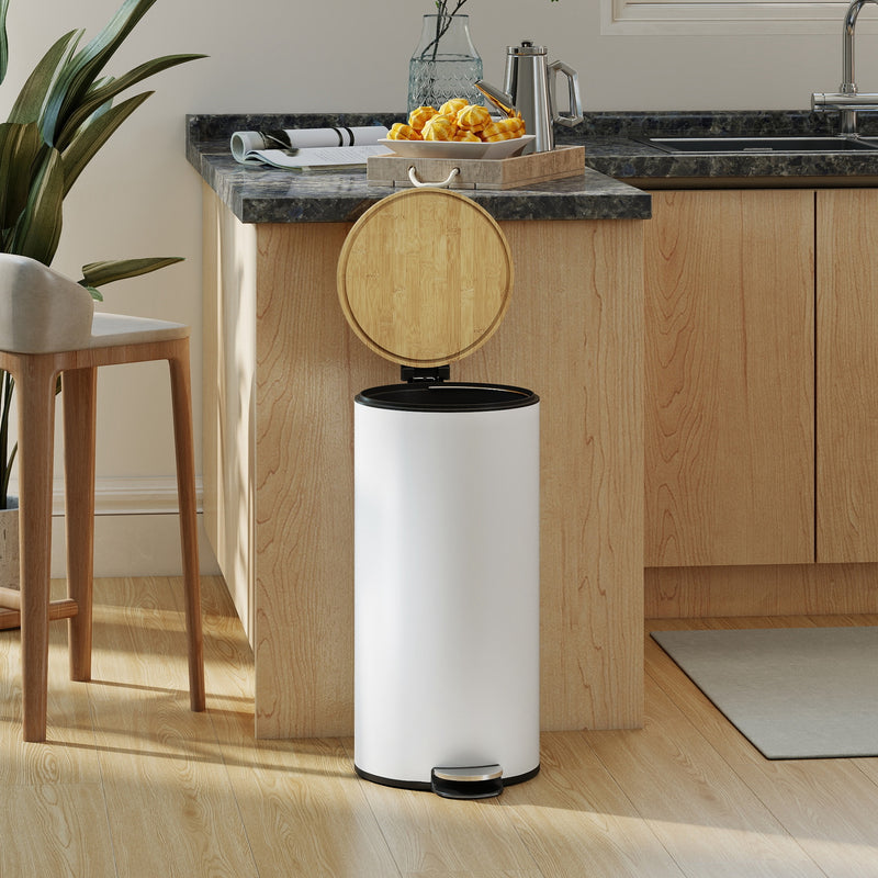 Kitchen Pedal Bin 30L with Soft Close Lid and Removable Liner for Easy Cleaning White Homcom