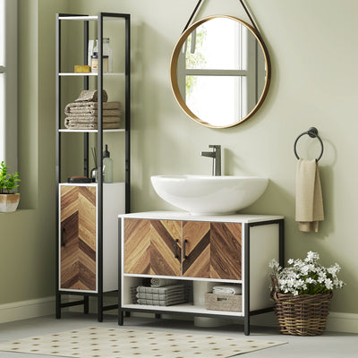Cream White Under Sink Bathroom Cabinet with Herringbone Doors by HOMCOM