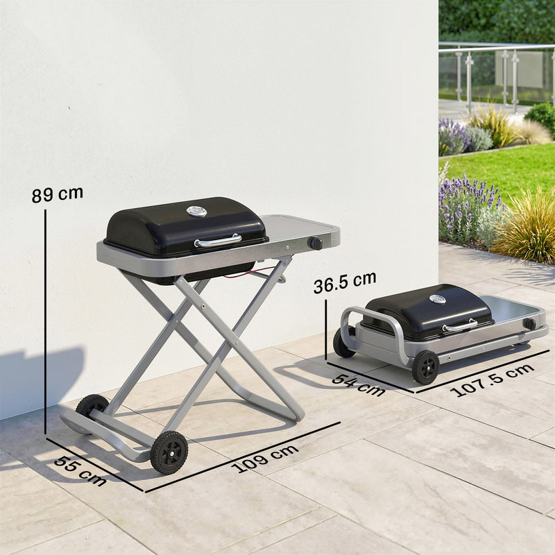 Portable Folding Gas BBQ Grill with Wheels, 1800cm² Cooking Area and Side Shelf, Black Outsunny