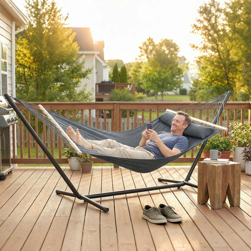 Garden Hammock with Headrest and Side Pocket for Outdoor Relaxation Dark Grey