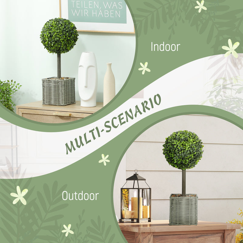 Set of 2 Artificial Boxwood Topiary Plants in Woven Pots Ideal for Home or Office Green